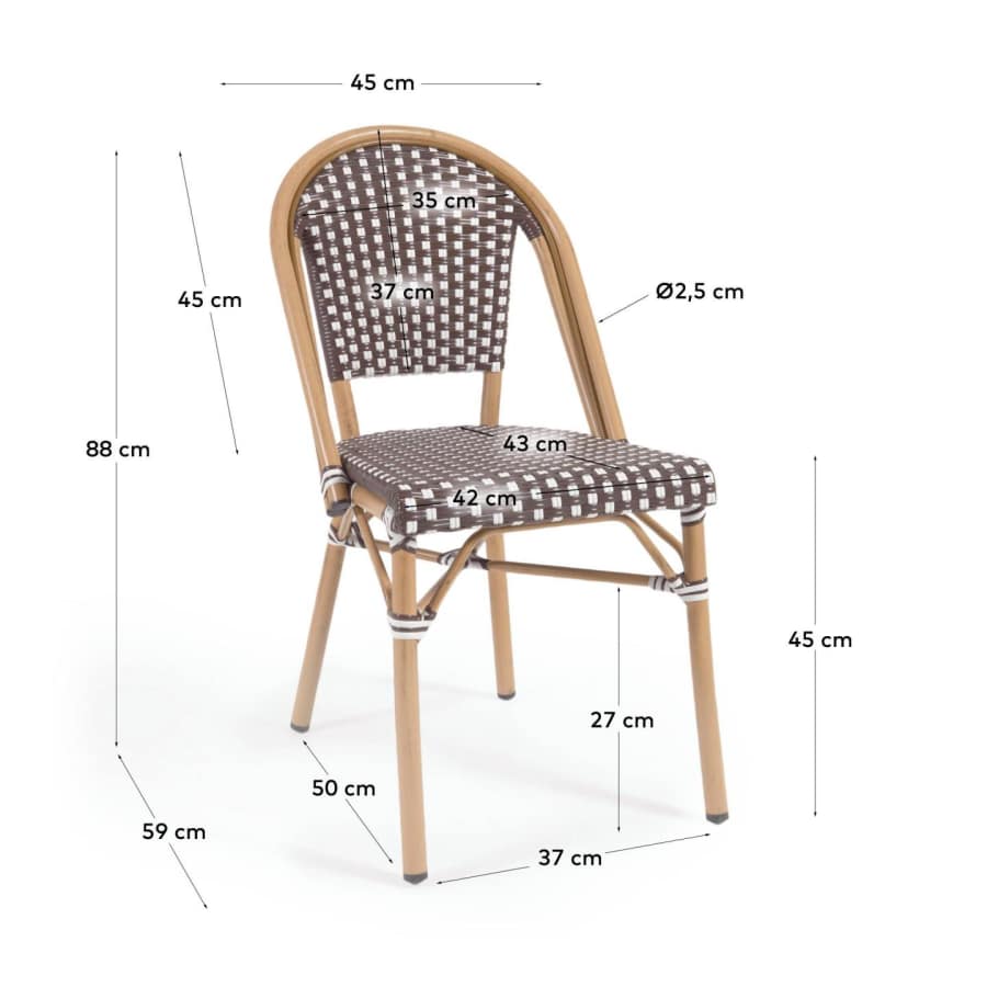 Marilyn stackable outdoor bistro chair in aluminium and synthetic rattan, brown & white