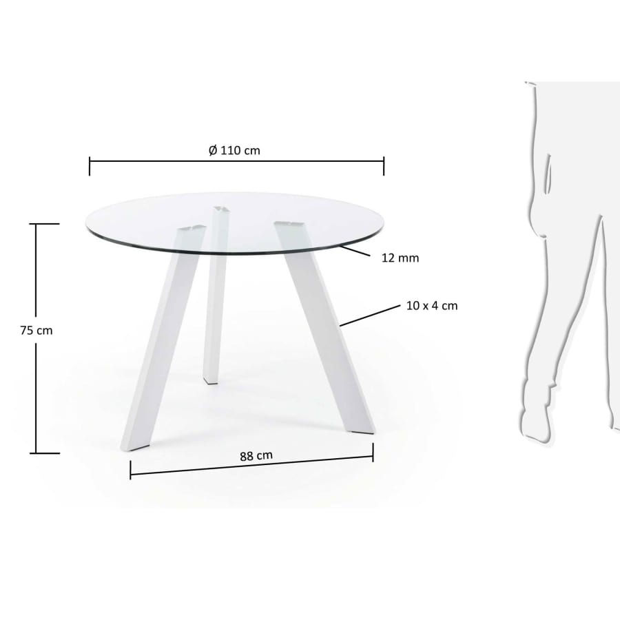 Table ronde Carib en verre et pieds en acier finition blanche Ø 110 cm