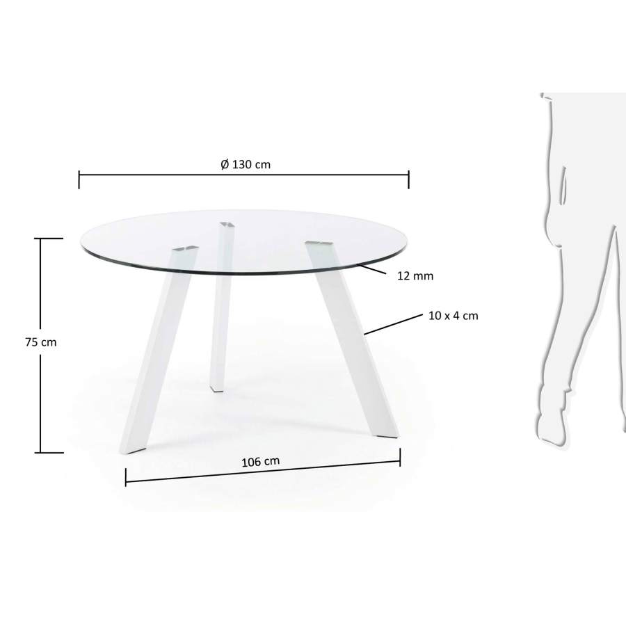 Carib round glass table with steel legs with white finish Ø 130 cm