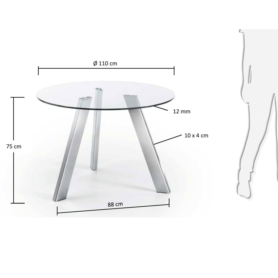 Carib round glass table with steel legs with chrome finish Ø 110 cm