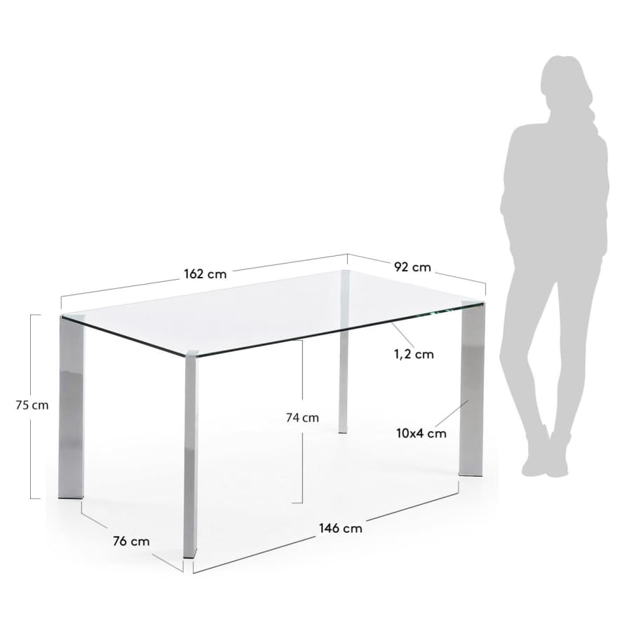 Spot glass table with steel legs and chrome finish 162 x 92 cm
