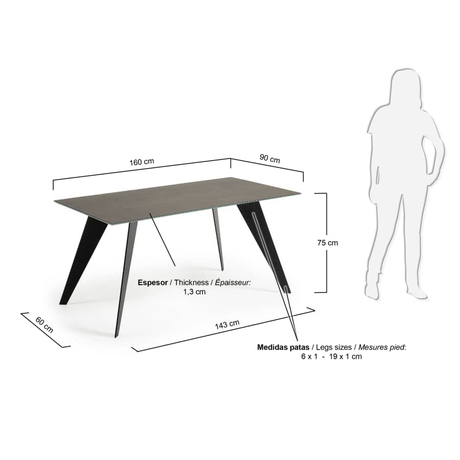 Koda ceramic table with Iron Moss finish and steel legs with black finish 160 x 90 cm