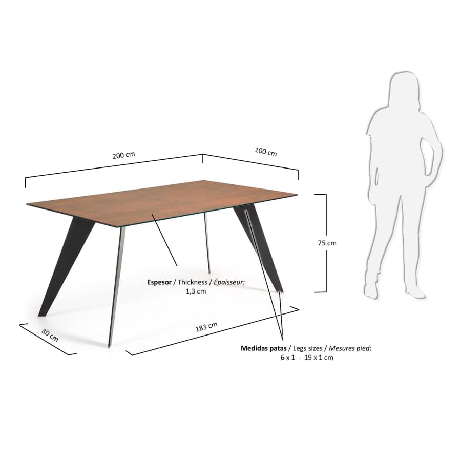 Koda ceramic table with Iron Corten finish and steel legs with black finish 200 x 100 cm