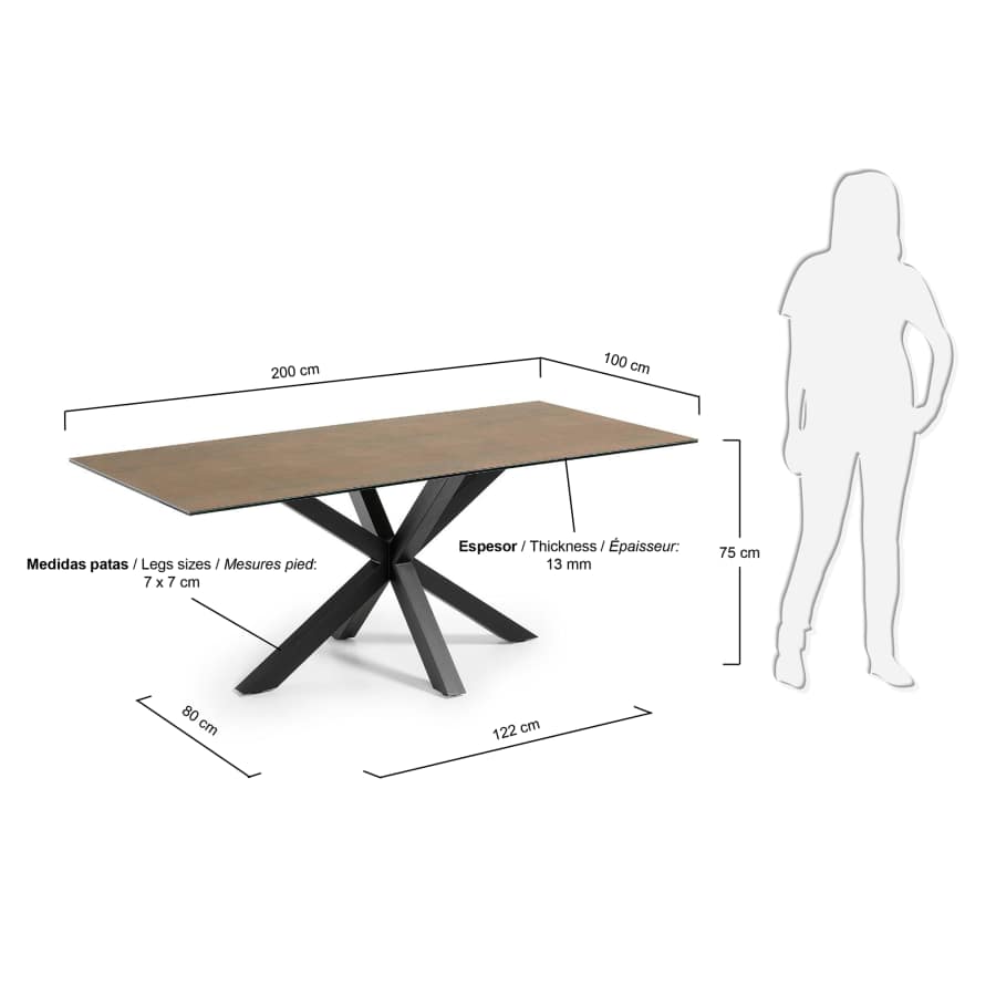 Table Argo 200 x 100 cm grès cérame Iron Corten pieds en acier noir