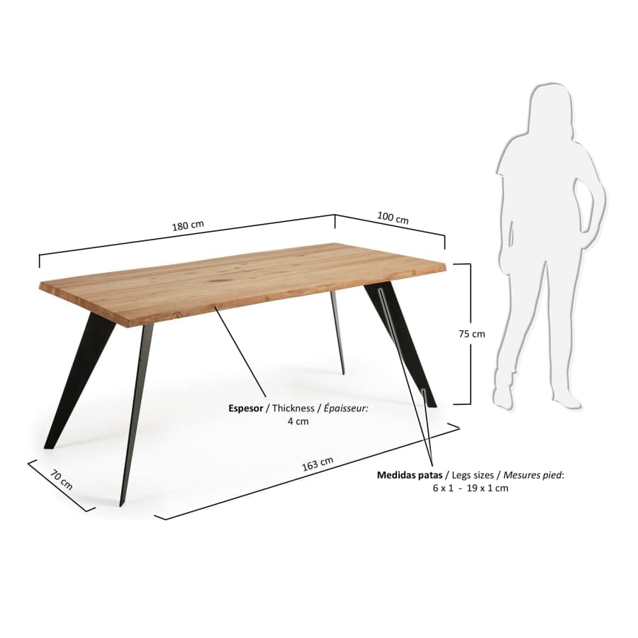 Koda oak veneer table with natural finish and steel legs with black finish 180 x 100 cm