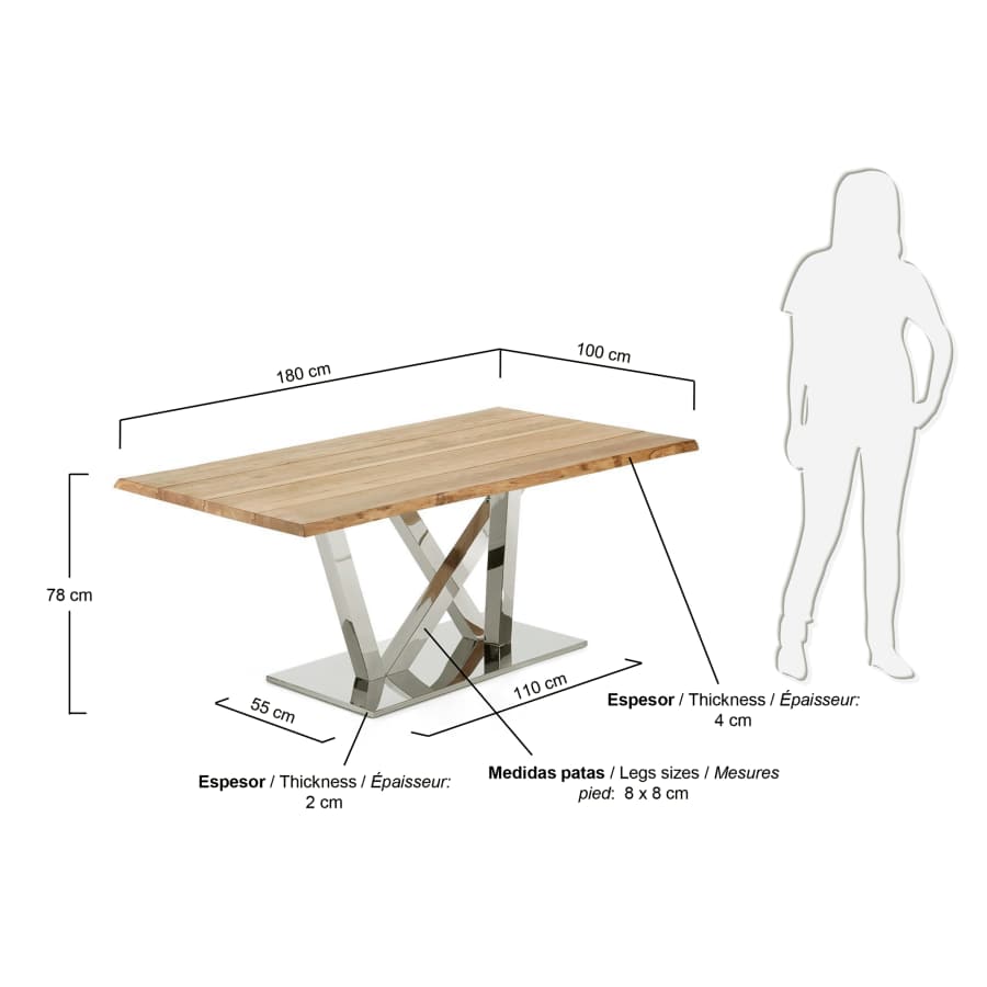 Nyc table 180 cm natural oak stainless steel legs