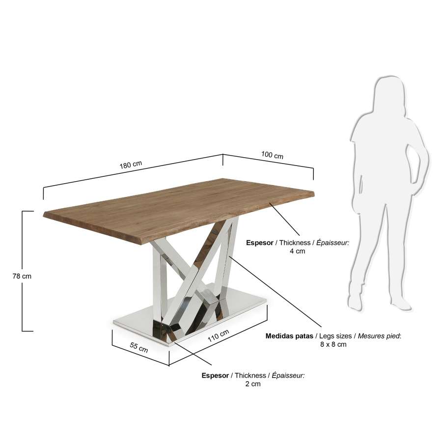 Nyc table 180 cm antique oak stainless steel legs