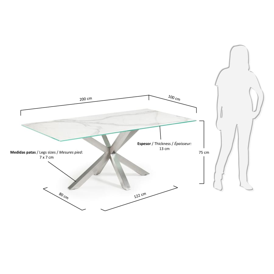 Table New Argo 200x100, inox mat plateau porc. Kalos blanc