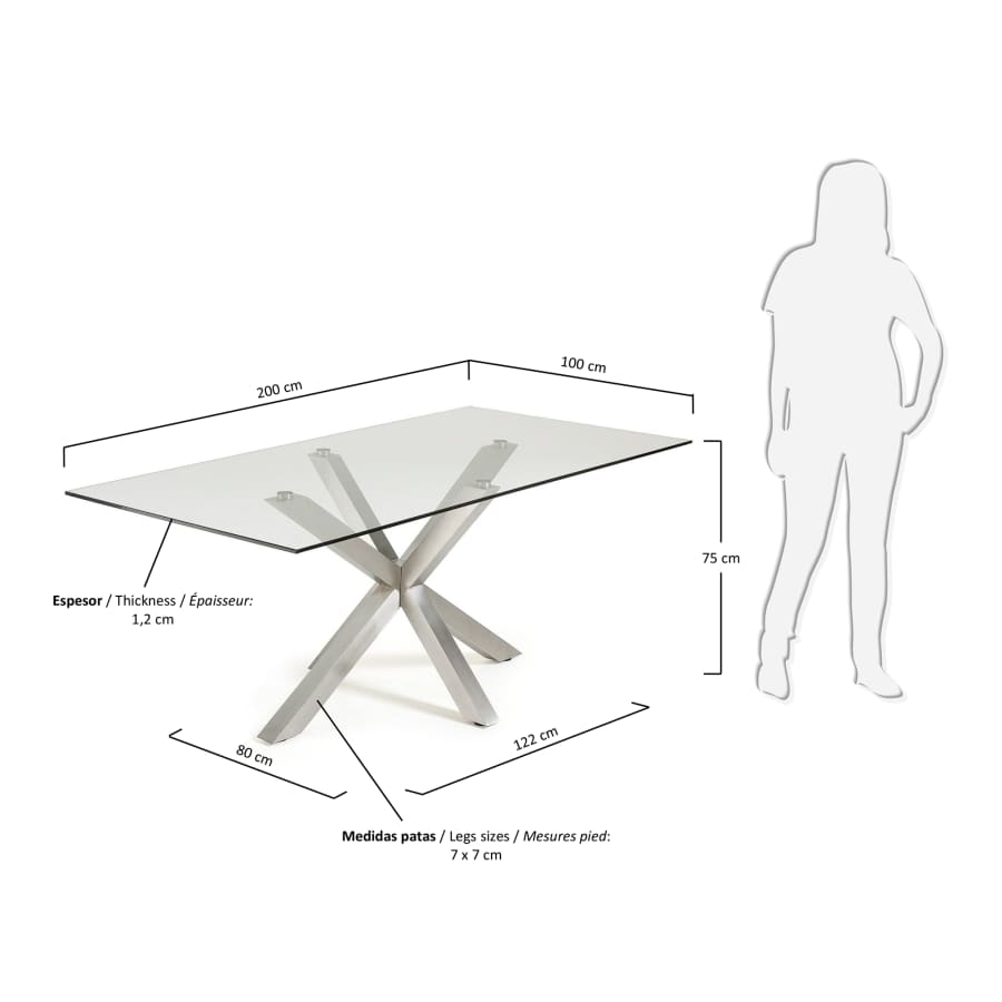 Table Argo 200 cm verre pieds en acier inoxydable mat