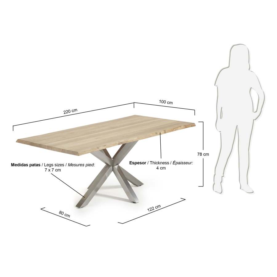 Table Argo 220 cm chêne blanchi pieds en acier inoxydable mat
