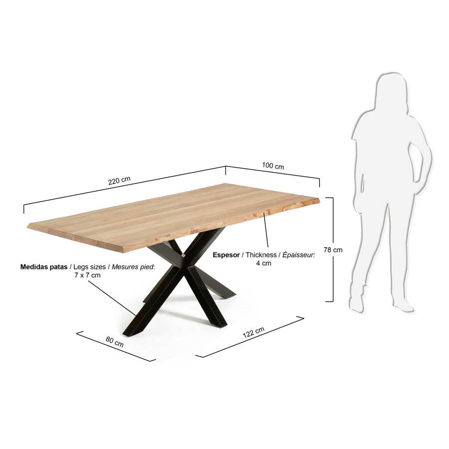 Argo oak veneer table with natural finish and steel legs with black finish 220 x 100 cm