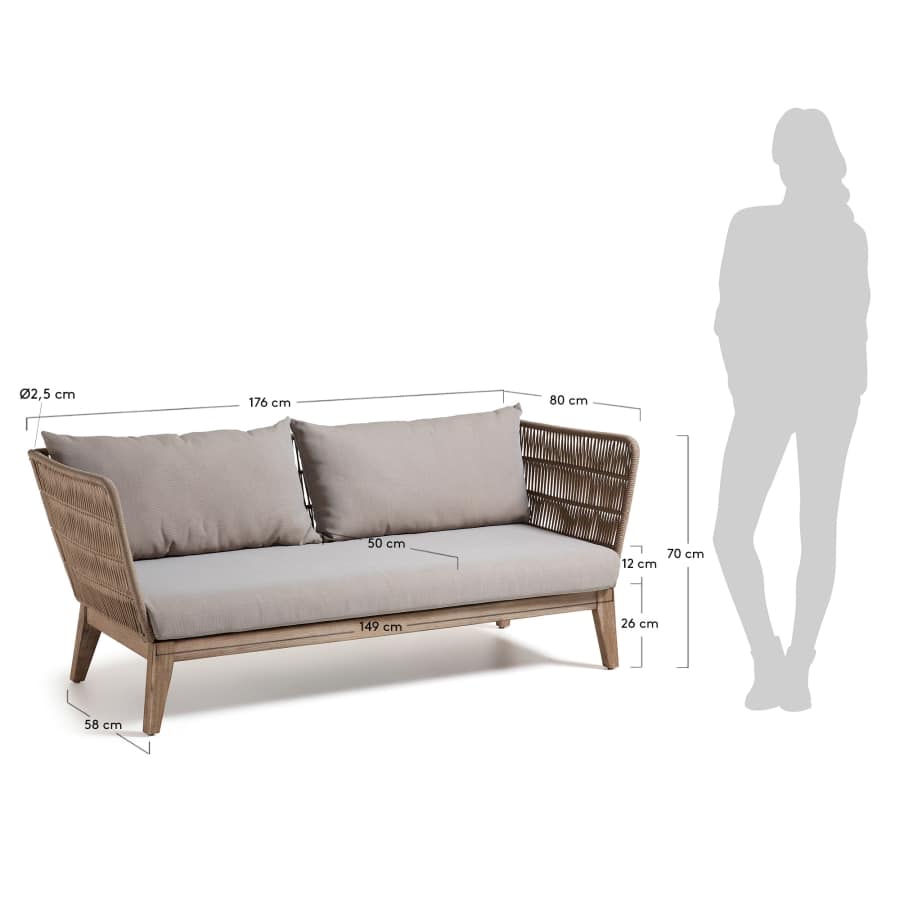 Belleny 3 seater sofa in beige cord and solid acacia wood, 176 cm FSC 100%