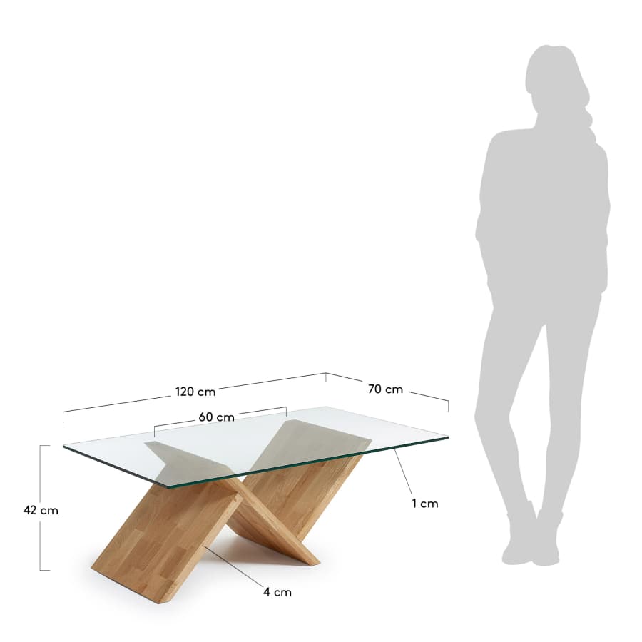 Waley Couchtisch aus Glas und Struktur aus massiver Eiche 120 x 70 cm