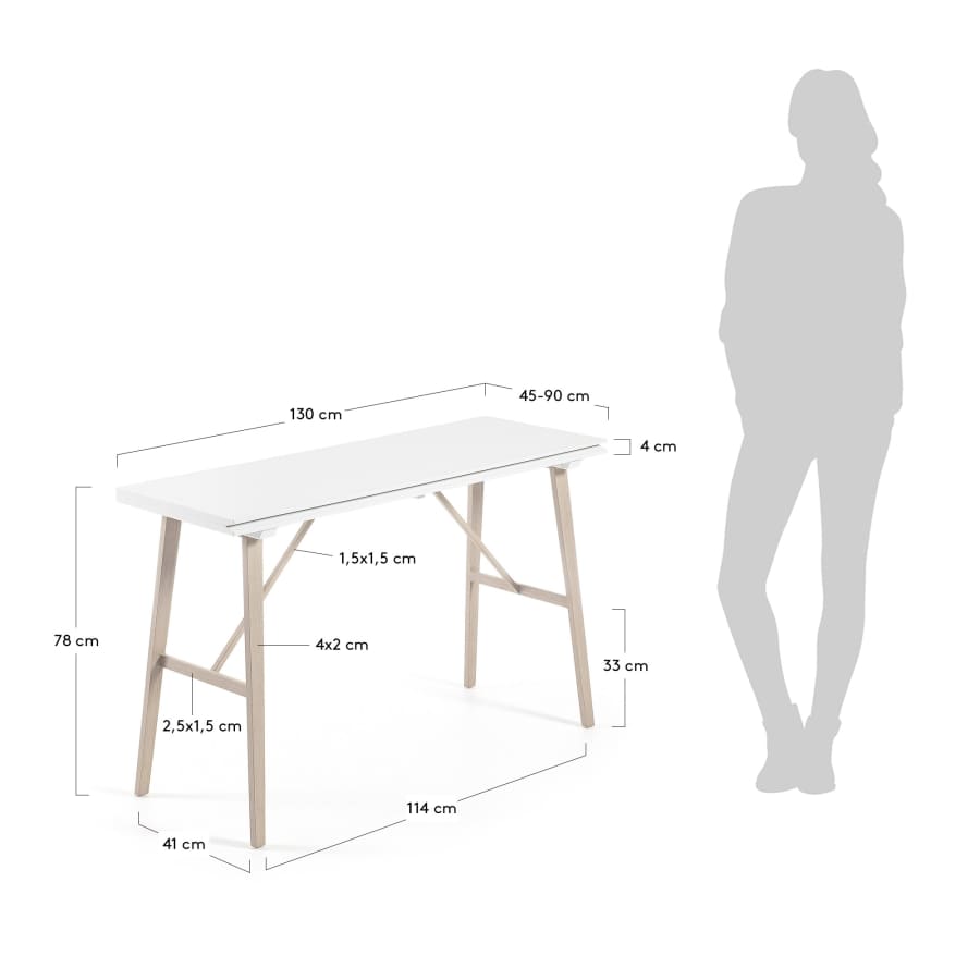 Aruna extendable console table in white MDF with steel wooden effect legs 130 x 45 (90) cm