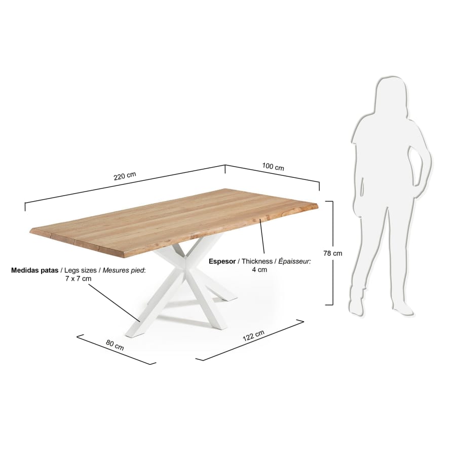 Argo oak veneer table with natural finish and steel legs with white finish 220 x 100 cm