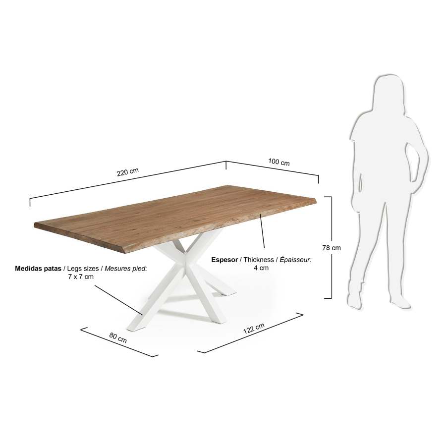 Argo oak veneer table with a distressed finish and white steel legs, 220 x 100 cm