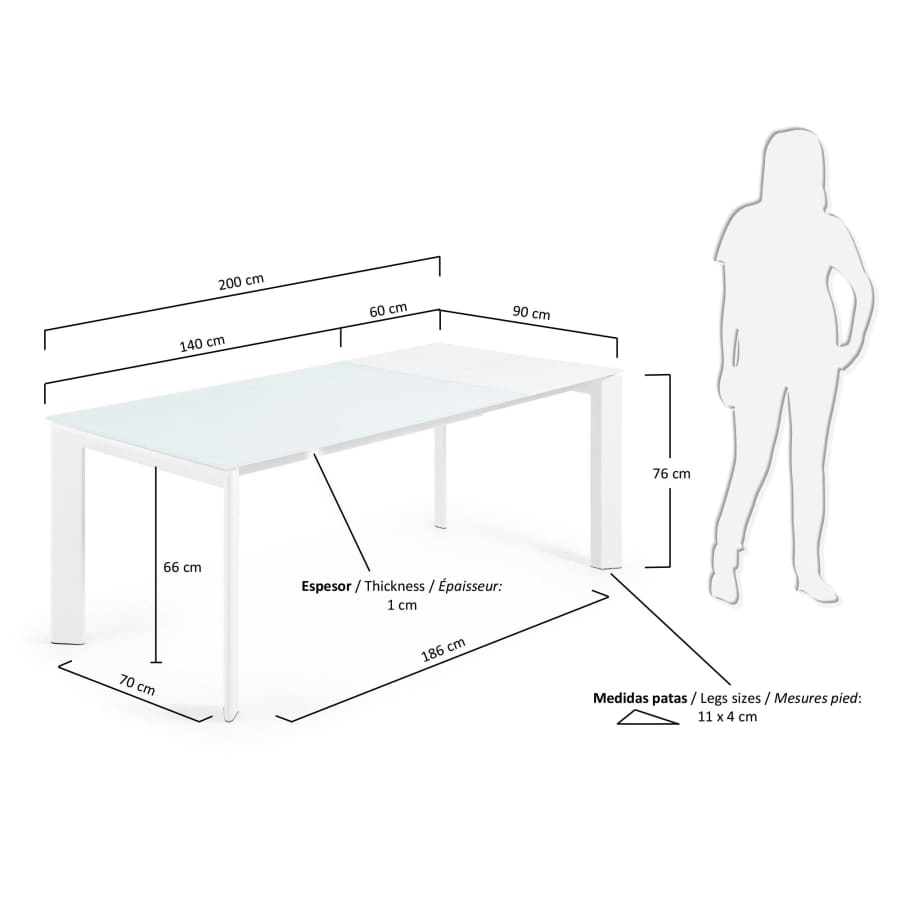 Table extensible Axis en verre blanc et pieds en acier finition blanche 140 (200) cm
