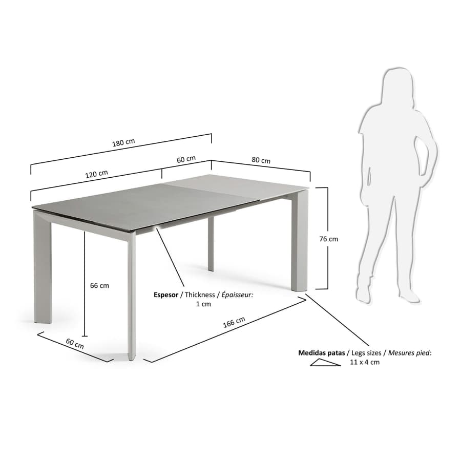 Axis extendable ceramic table with Hydra Plomo finish and grey steel legs 120 (180) cm