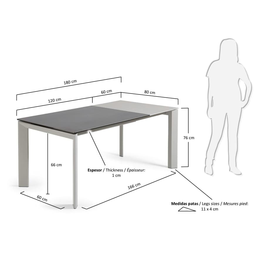 Axis porcelain extendable table in Volcano Rock finish with grey steel legs 120 (180) cm