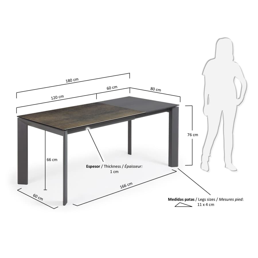 Table extensible Axis grès cérame finition Iron Moss et pieds acier anthracite 120(180)cm