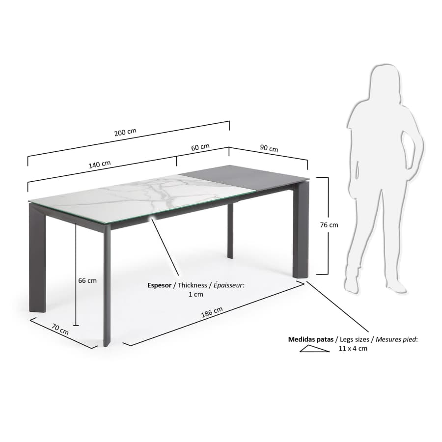 Axis extendable porcelain table with Kalos Blanco finish and dark grey steel legs, 140 (200) cm