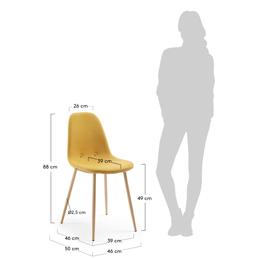Chaise Yaren jaune moutarde et pieds en acier effet bois