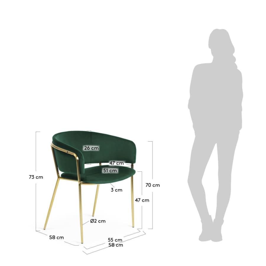 Sedia Runnie in velluto verde con gambe in acciaio verniciate oro