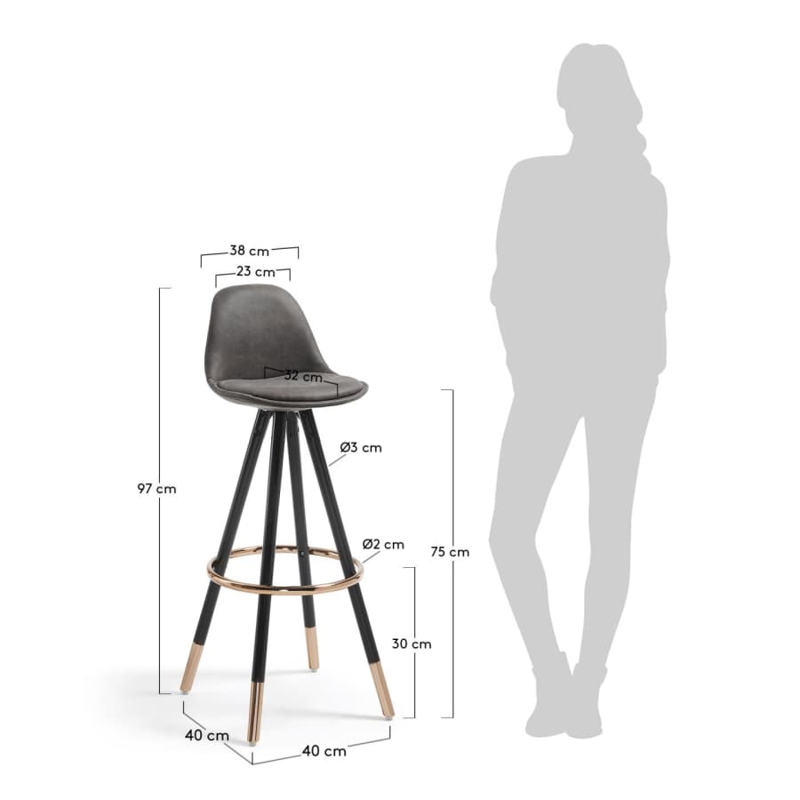 Slad bar stool in dark grey with solid beech wood legs and a black finish, 75 cm