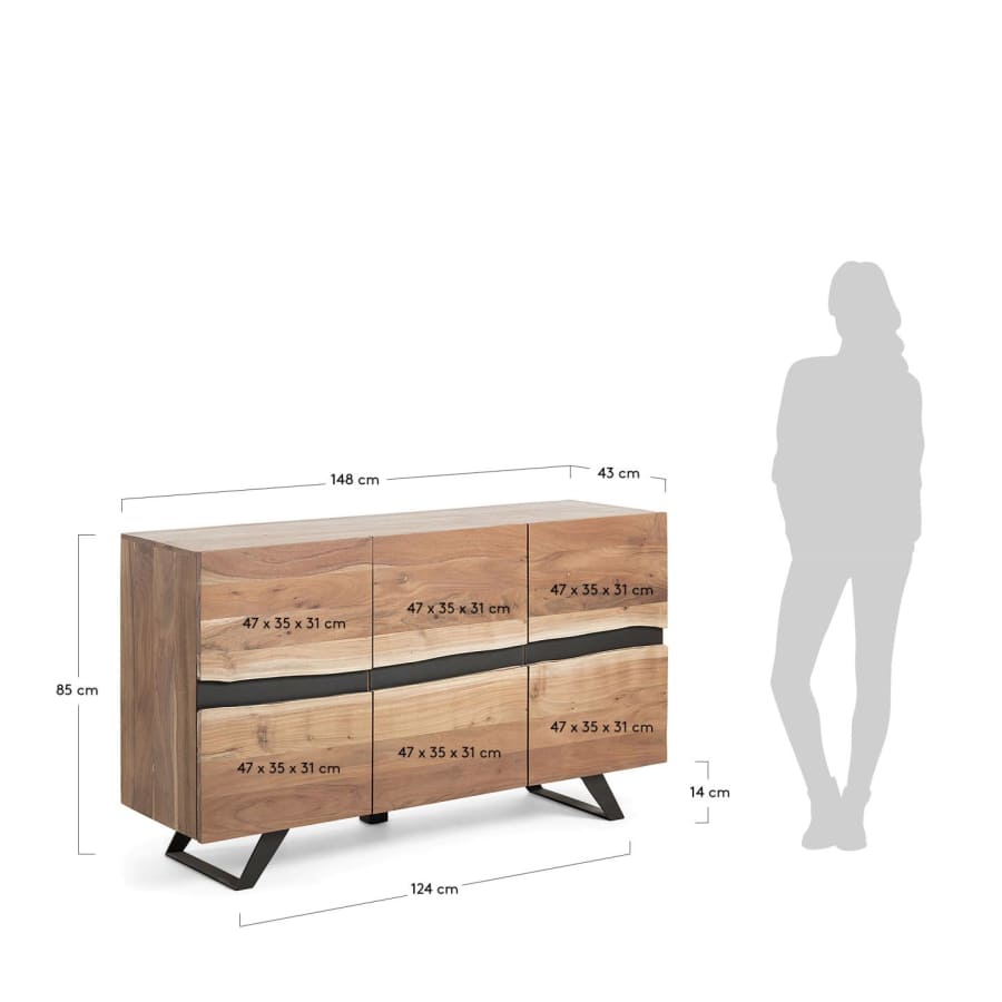 Uxia Sideboard 3 Türen aus massivem Akazienholz und Stahl in Schwarz 148 x 85 cm