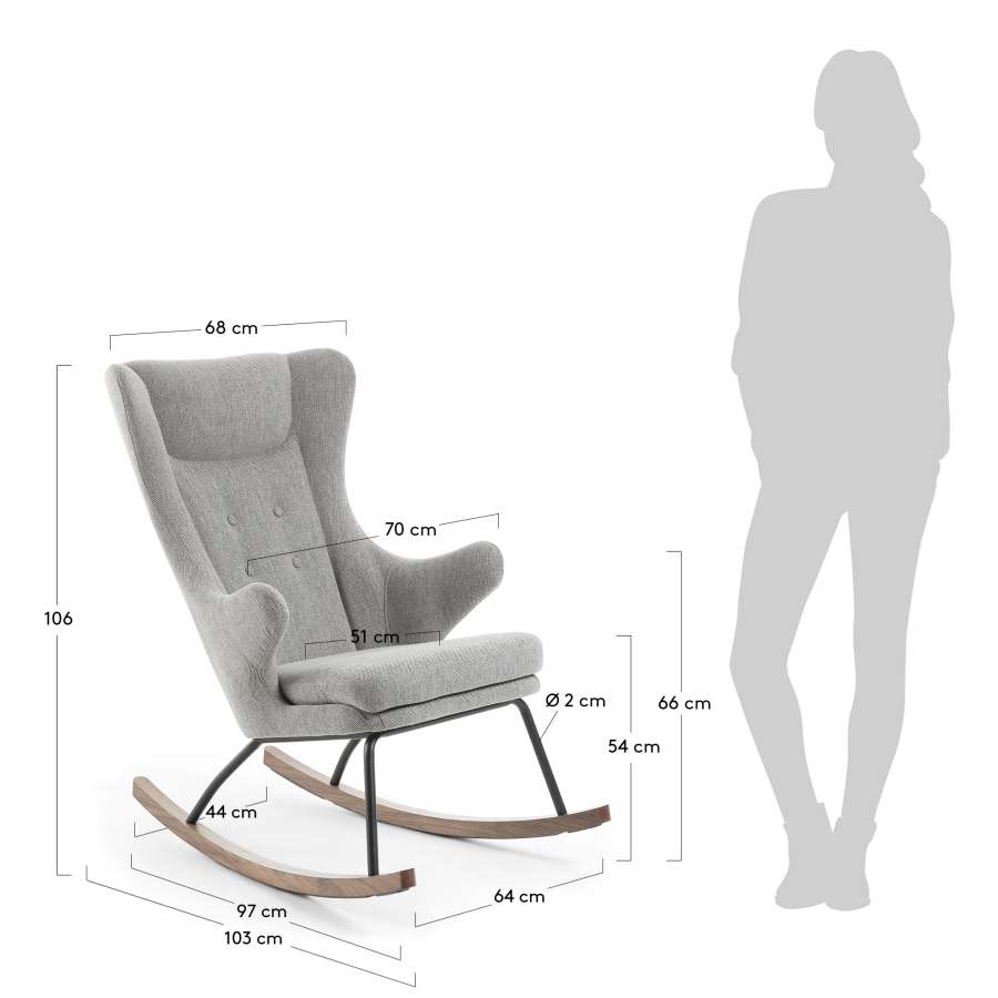 Meryl rocking chair in grey with steel legs and solid ash wood.