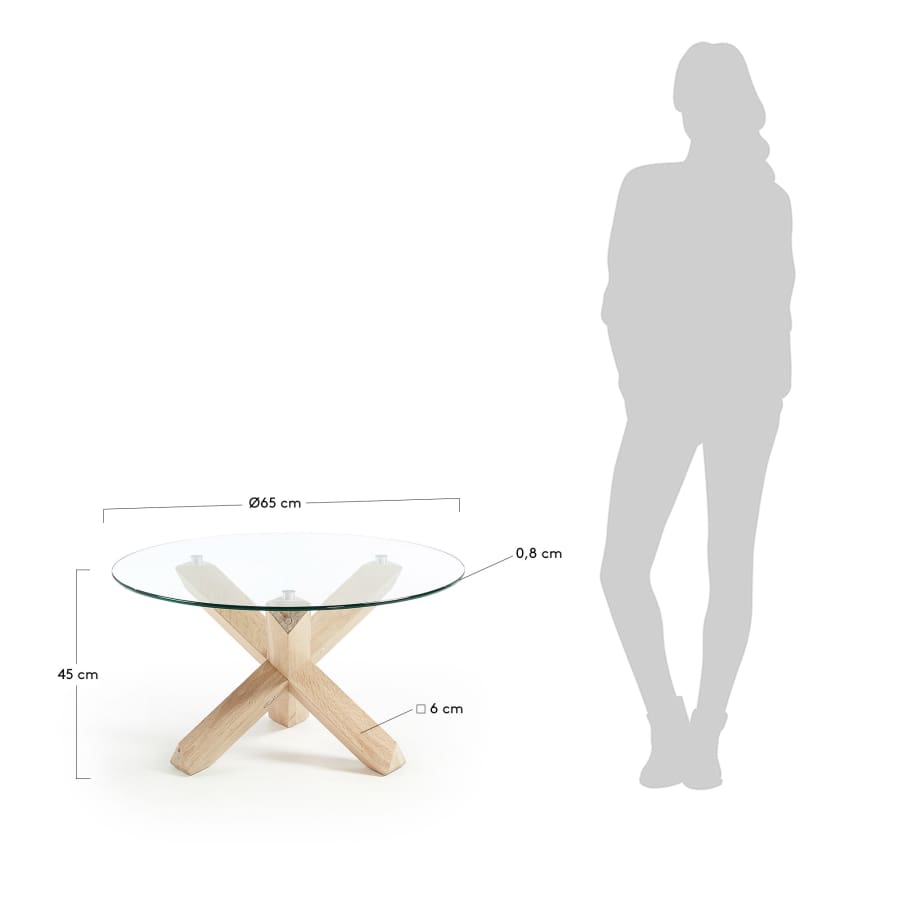 Lotus glass top coffee table with solid oak wood legs, Ø 65 cm