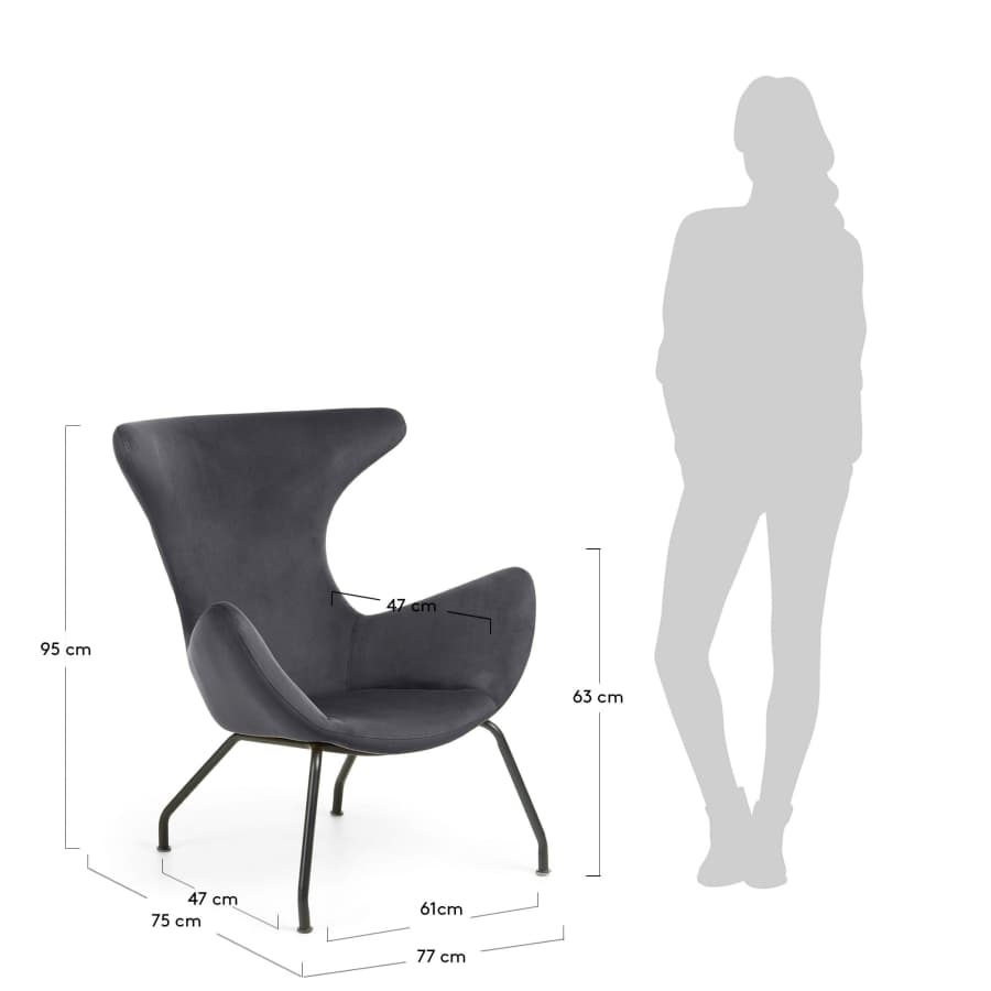 Chleo velvet armchair in grey with legs in a black finish.