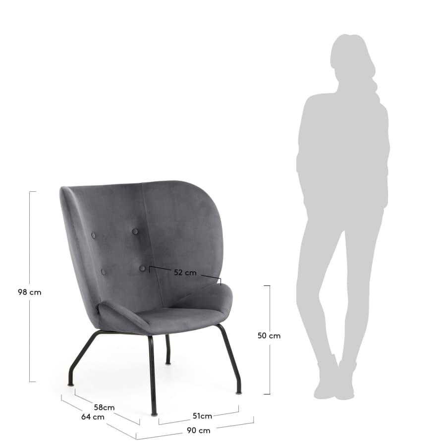 Fauteuil Violet en velours gris foncé et pieds en acier finition noire
