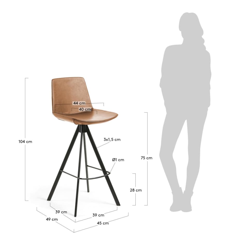 Zeva brown faux leather stool with steel in a black finish, height 75 cm