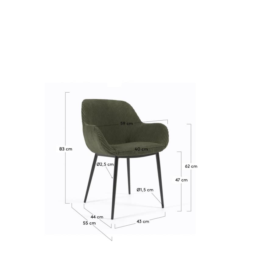 Konna chair in dark green wide seam corduroy with steel legs and black painted finish