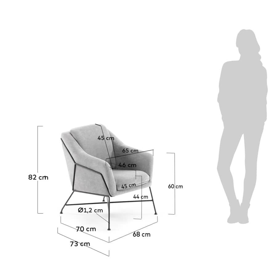 Brida armchair in light grey with steel structure in black finish