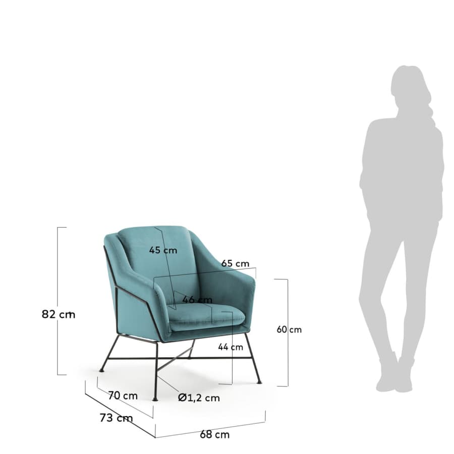 Brida velvet armchair in turquoise with steel structure in black finish.
