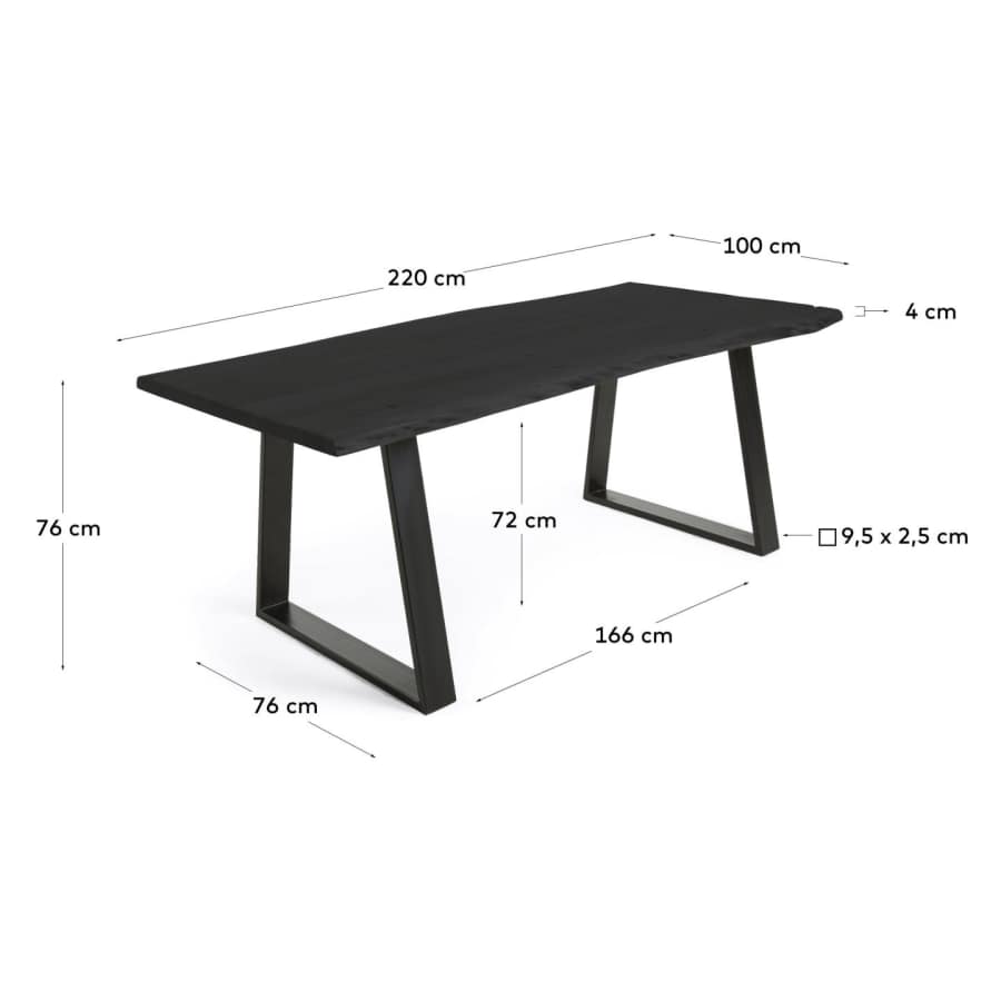 Table Alaia en bois d'acacia noir et pieds en acier noir 220 x 100 cm