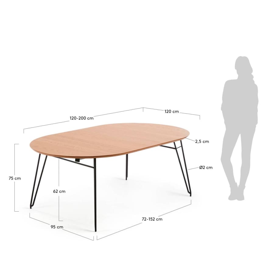 Table ronde extensible Novac Ø 120 (200) cm contreplaqué de chêne et pieds en acier noir
