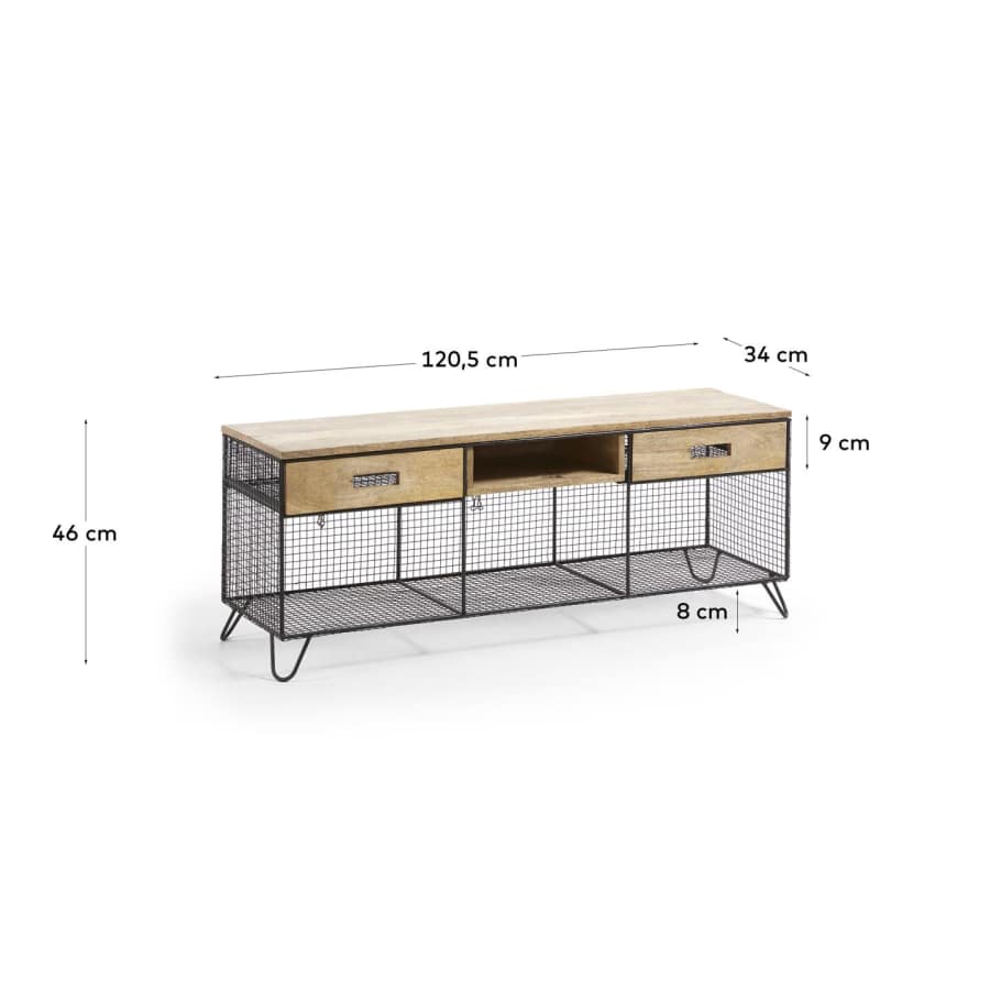Aida TV-Schrank 2 Schubladen aus massivem Mangoholz und Stahl in Schwarz 120,5 x 46 cm