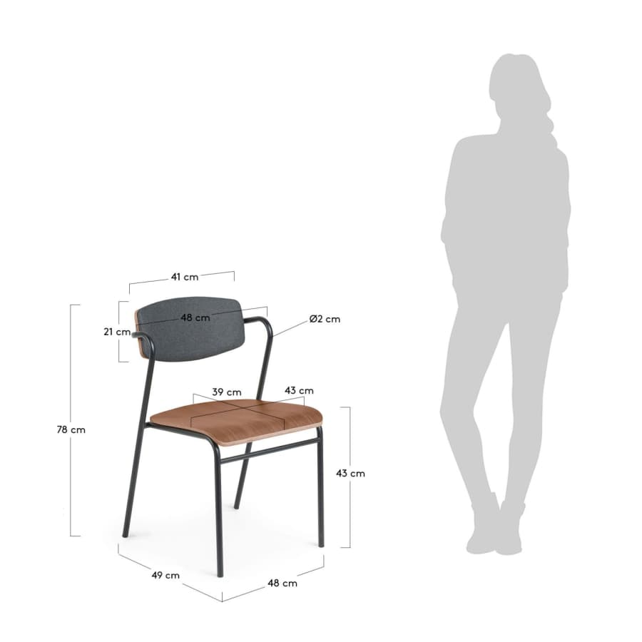 Sedia Zaha grigio scuro impiallacciata noce e acciaio finitura nera