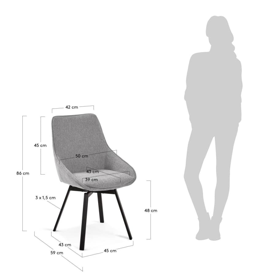 Jenna light grey swivel chair with steel legs with black finish FSC 100%