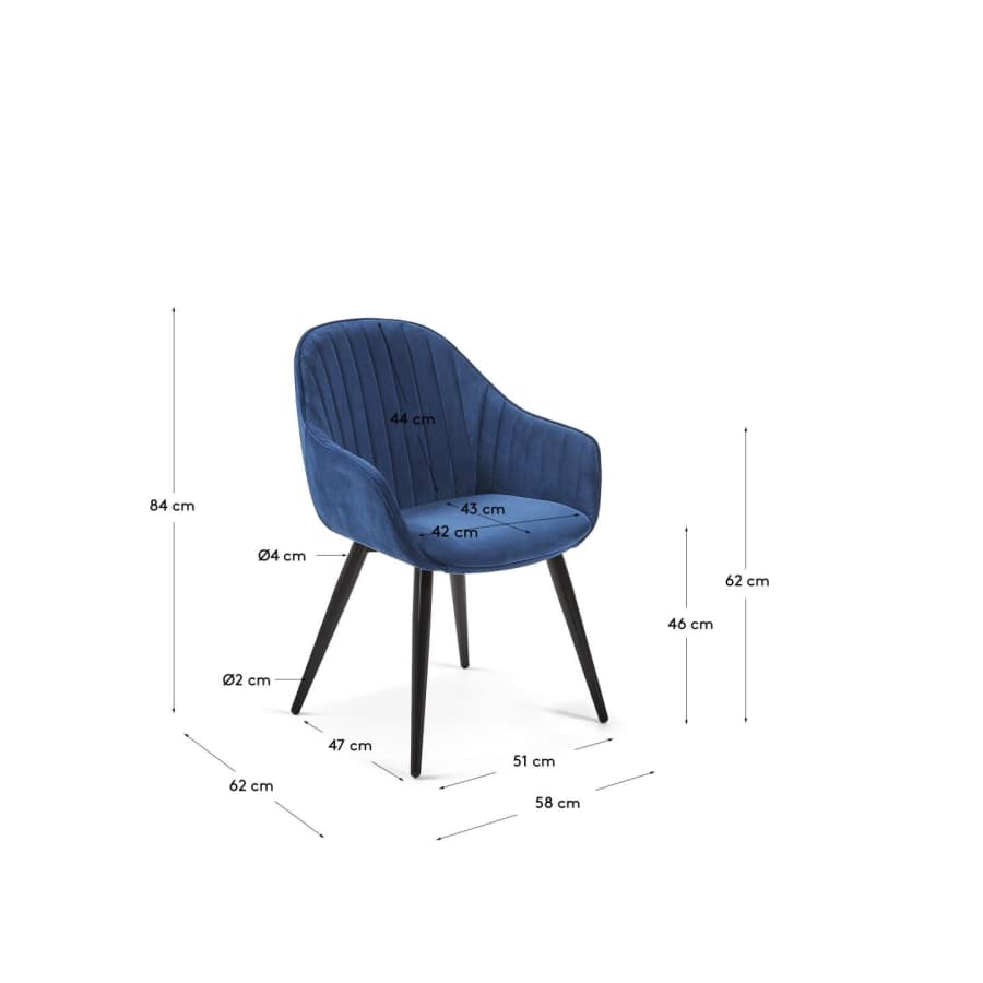 Chaise Fabia en velours bleu et pieds en acier finition noire