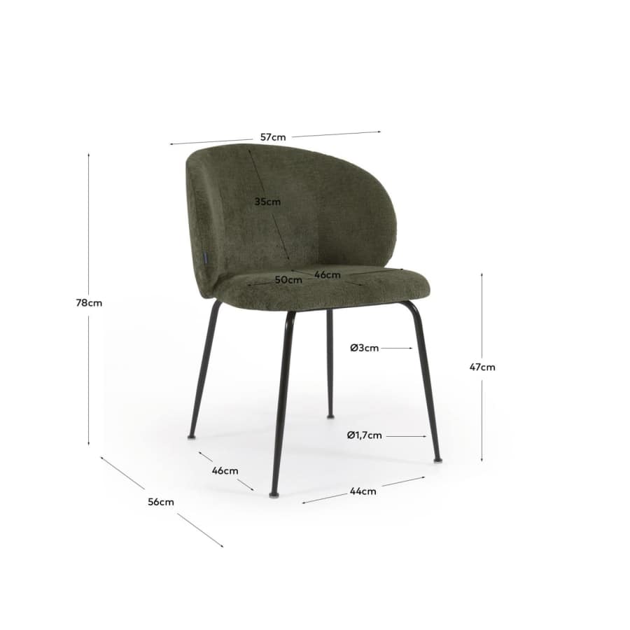 Minna chenille chair in green with steel legs in a black finish