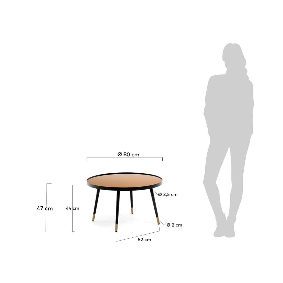 Table basse Dila en verre effet cuivre et structure en acier noir et doré Ø 80 cm