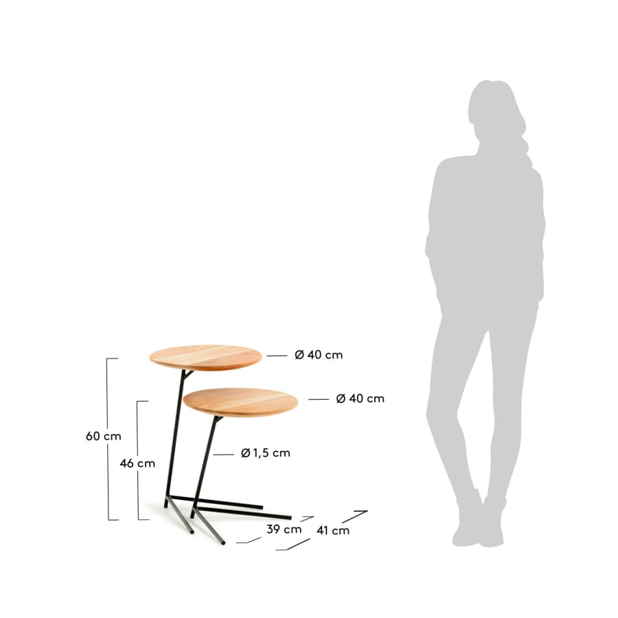 Asha set of 2 solid acacia wood and steel side table, Ø 40 cm / Ø 40 cm