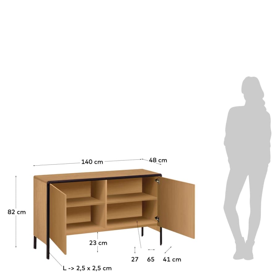 Nadyria Sideboard 2 Türen aus Eichenfurnier und Stahl in Schwarz 140 x 82 cm