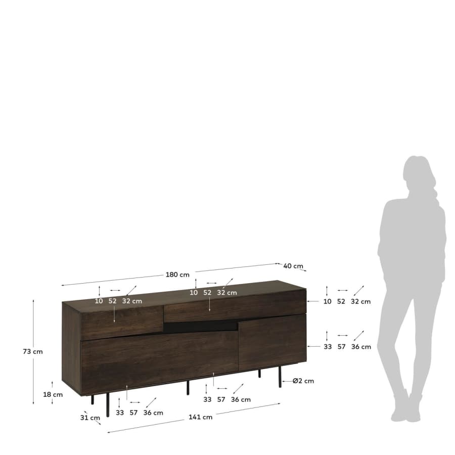 Cutt American walnut veneer sideboard w/ 2 doors, 2 drawers & black steel, 180 x 73 cm