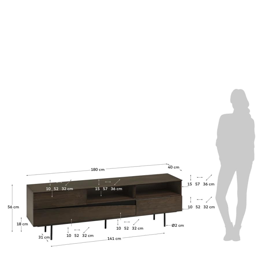 Cutt American walnut veneer TV stand with drawers and black finish steel, 180 x 56 cm