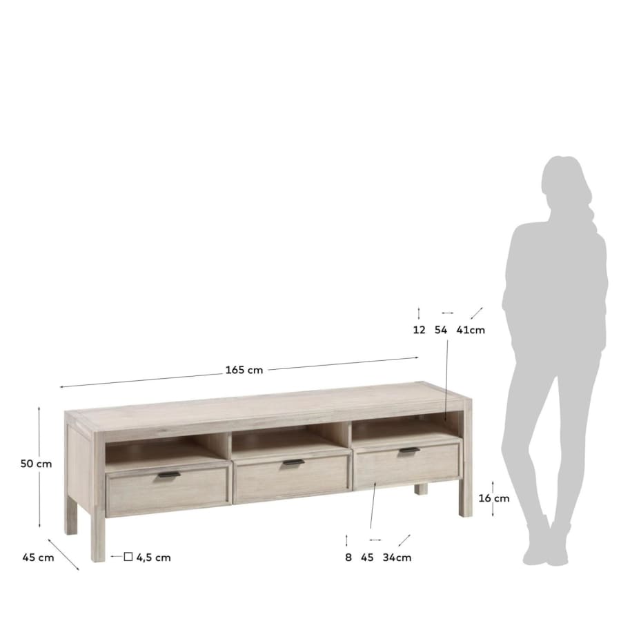 Alen solid acacia wood TV stand with 3 drawers, 165 x 50 cm